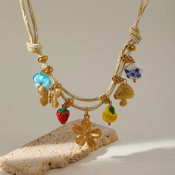 Gold Mixed Heart Charm Double Strand Rope Cord Necklace - Necklaces - 18k Gold Plated Waterproof Jewellery - Collection 9