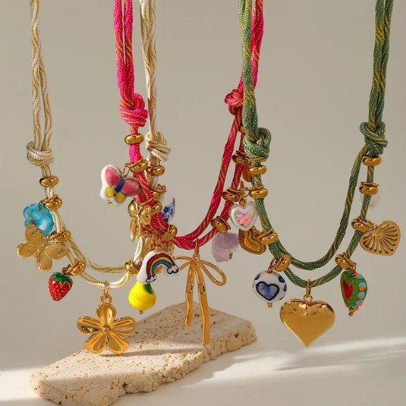 Gold Mixed Heart Charm Double Strand Rope Cord Necklace - Necklaces - 18k Gold Plated Waterproof Jewellery - Collection 9