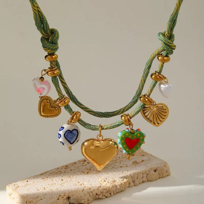 Gold Mixed Heart Charm Double Strand Rope Cord Necklace - Necklaces - 18k Gold Plated Waterproof Jewellery - Collection 9