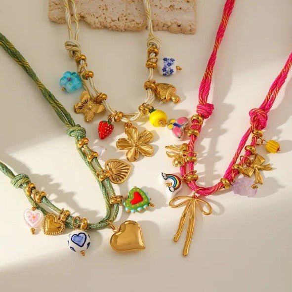 Gold Mixed Heart Charm Double Strand Rope Cord Necklace - Necklaces - 18k Gold Plated Waterproof Jewellery - Collection 9