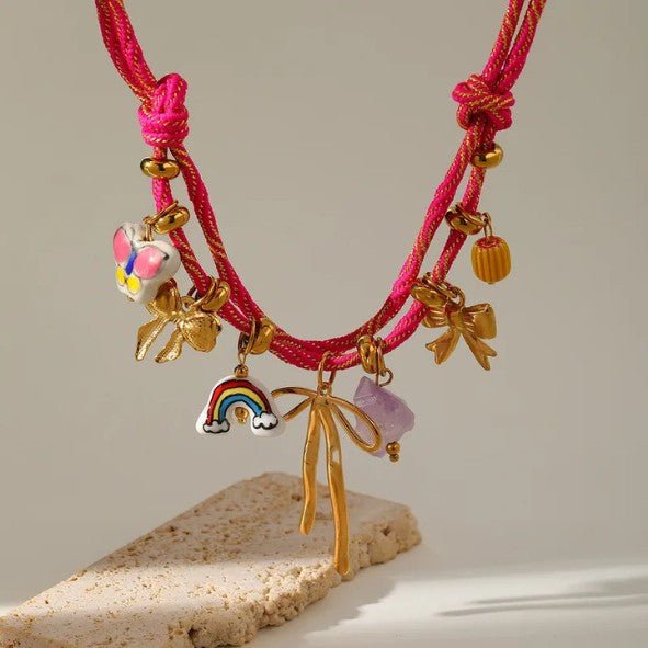 Gold Mixed Heart Charm Double Strand Rope Cord Necklace - Necklaces - 18k Gold Plated Waterproof Jewellery - Collection 9