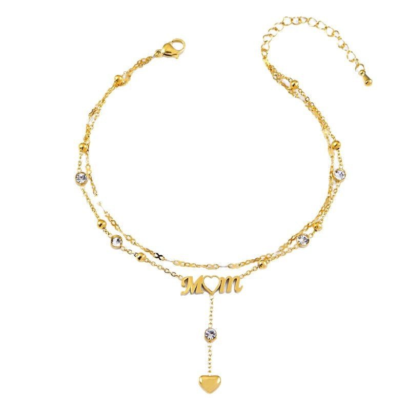 Gold MOM Letter Crystal Heart Drop Anklet - Anklets - 18k Gold Plated Waterproof Jewellery - Collection 9