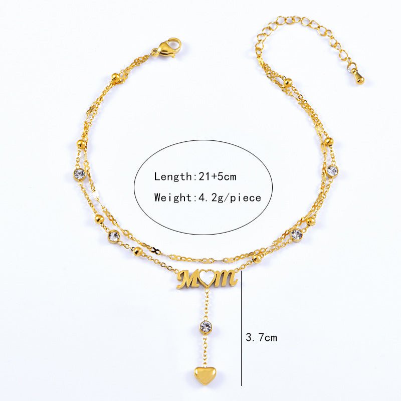 Gold MOM Letter Crystal Heart Drop Anklet - Anklets - 18k Gold Plated Waterproof Jewellery - Collection 9