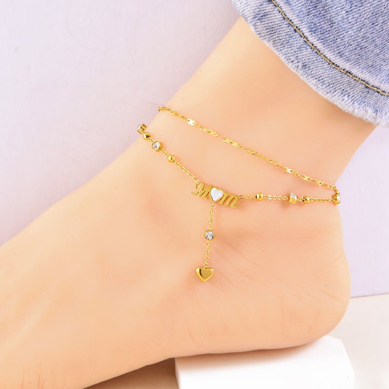 Gold MOM Letter Crystal Heart Drop Anklet - Anklets - 18k Gold Plated Waterproof Jewellery - Collection 9