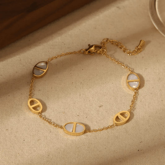 Gold Mother of Pearl Station Bracelet - Bracelet - 18k Gold Plated Waterproof Jewellery - Collection 9