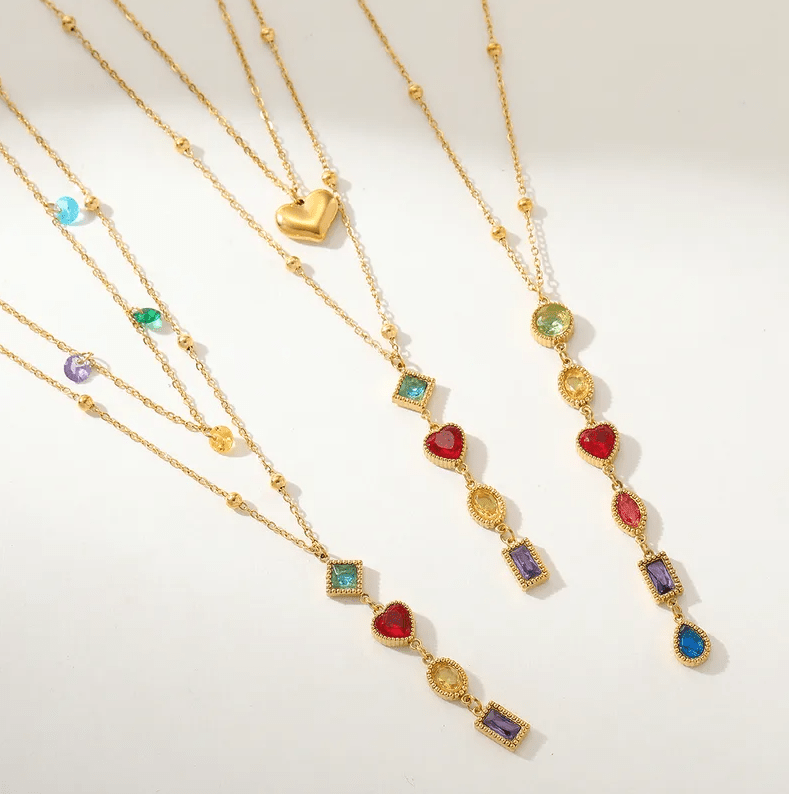 Gold Multi-Gem Heart Layered Necklace - Jewelry - 18k Gold Plated Waterproof Jewellery - Collection 9