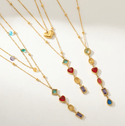 Gold Multi-Gem Heart Layered Necklace - Jewelry - 18k Gold Plated Waterproof Jewellery - Collection 9