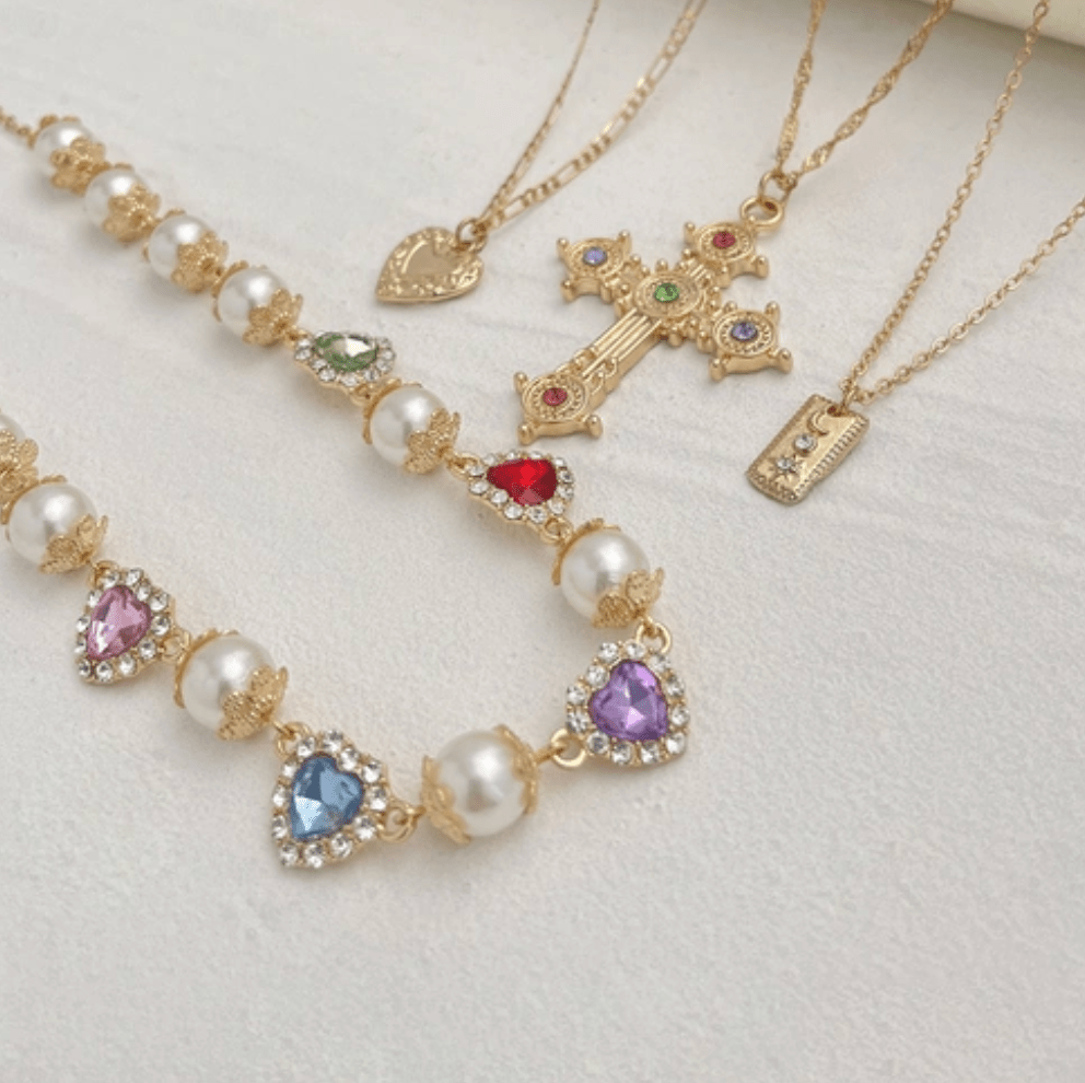 Gold Multi-Layer Cross Pearl Necklace Set - Necklace - 18k Gold Plated Waterproof Jewellery - Collection 9