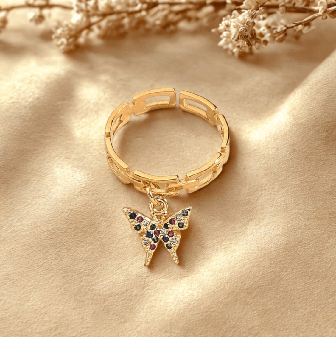 Gold Multicolor Crystal Butterfly Ring - Jewelry - 18k Gold Plated Waterproof Jewellery - Collection 9