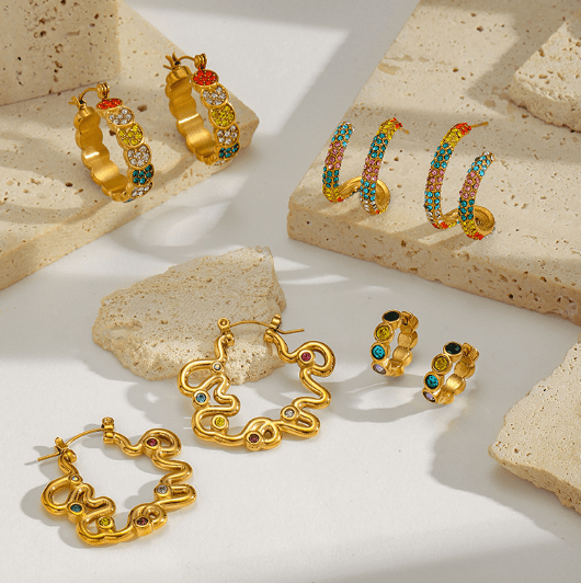 Gold Multicolor Crystal Flower Hoop Earrings - Earrings - 18k Gold Plated Waterproof Jewellery - Collection 9