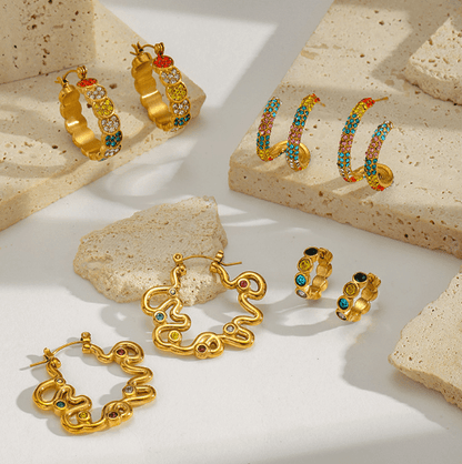 Gold Multicolor Crystal Flower Hoop Earrings - Earrings - 18k Gold Plated Waterproof Jewellery - Collection 9