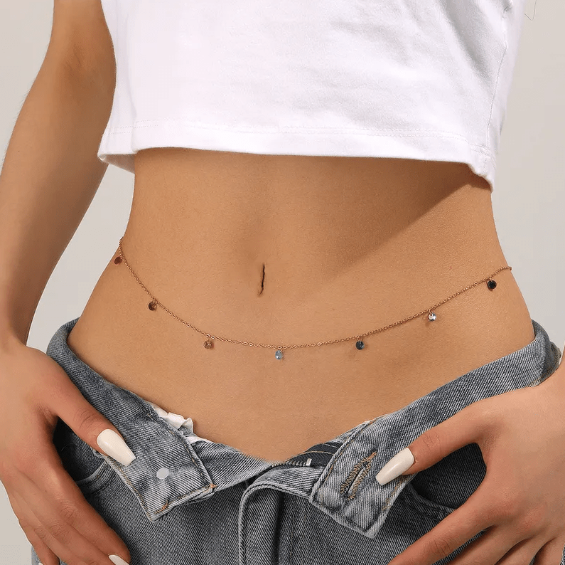 Gold Multicolour Crystal Zircon Charm Cable Chain Waist Chain - Waist Chains - 18k Gold Plated Waterproof Jewellery - Collection 9
