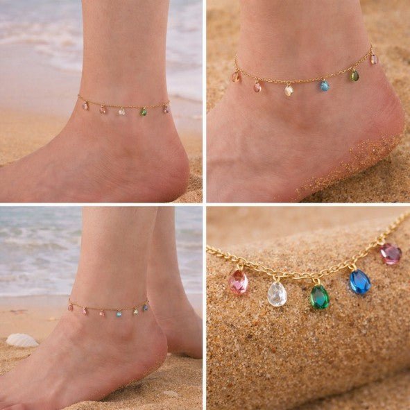 Gold Multicolour Drop Zircon Charm Cable Chain Anklet - Anklets - 18k Gold Plated Waterproof Jewellery - Collection 9