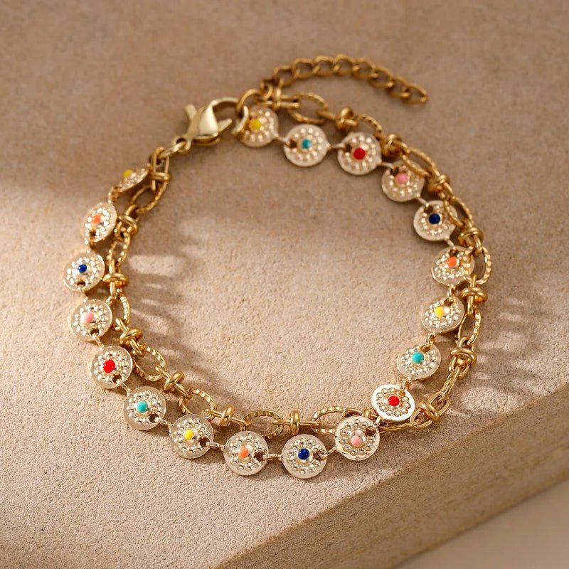 Gold Multicolour Enamel Coin Disc Chunky Link Double Layer Bracelet - Bracelets - 18k Gold Plated Waterproof Jewellery - Collection 9