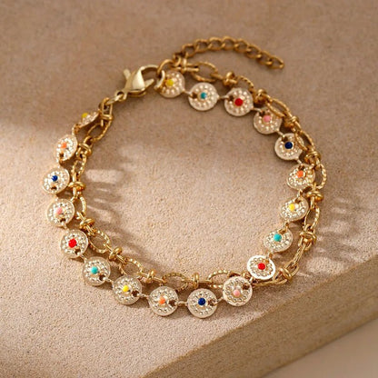 Gold Multicolour Enamel Coin Disc Chunky Link Double Layer Bracelet - Bracelets - 18k Gold Plated Waterproof Jewellery - Collection 9