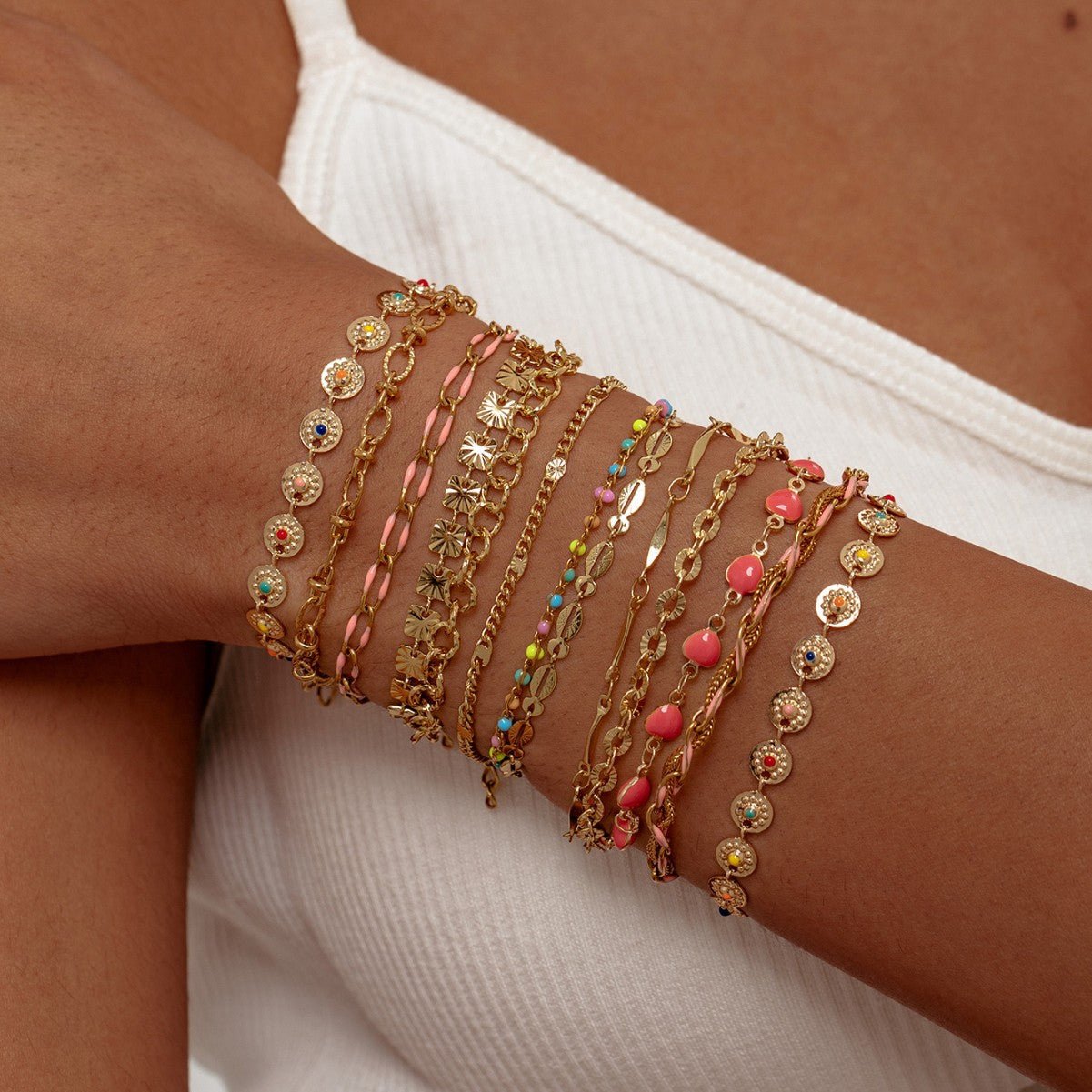 Gold Multicolour Enamel Coin Disc Chunky Link Double Layer Bracelet - Bracelets - 18k Gold Plated Waterproof Jewellery - Collection 9