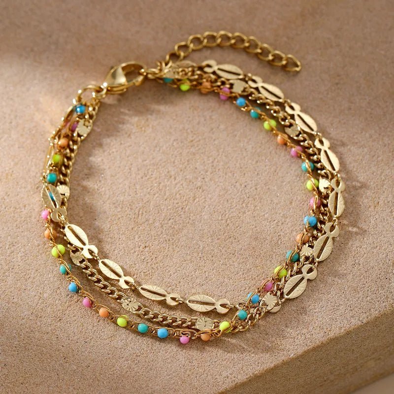 Gold Multicolour Enamel Coin Disc Chunky Link Double Layer Bracelet - Bracelets - 18k Gold Plated Waterproof Jewellery - Collection 9