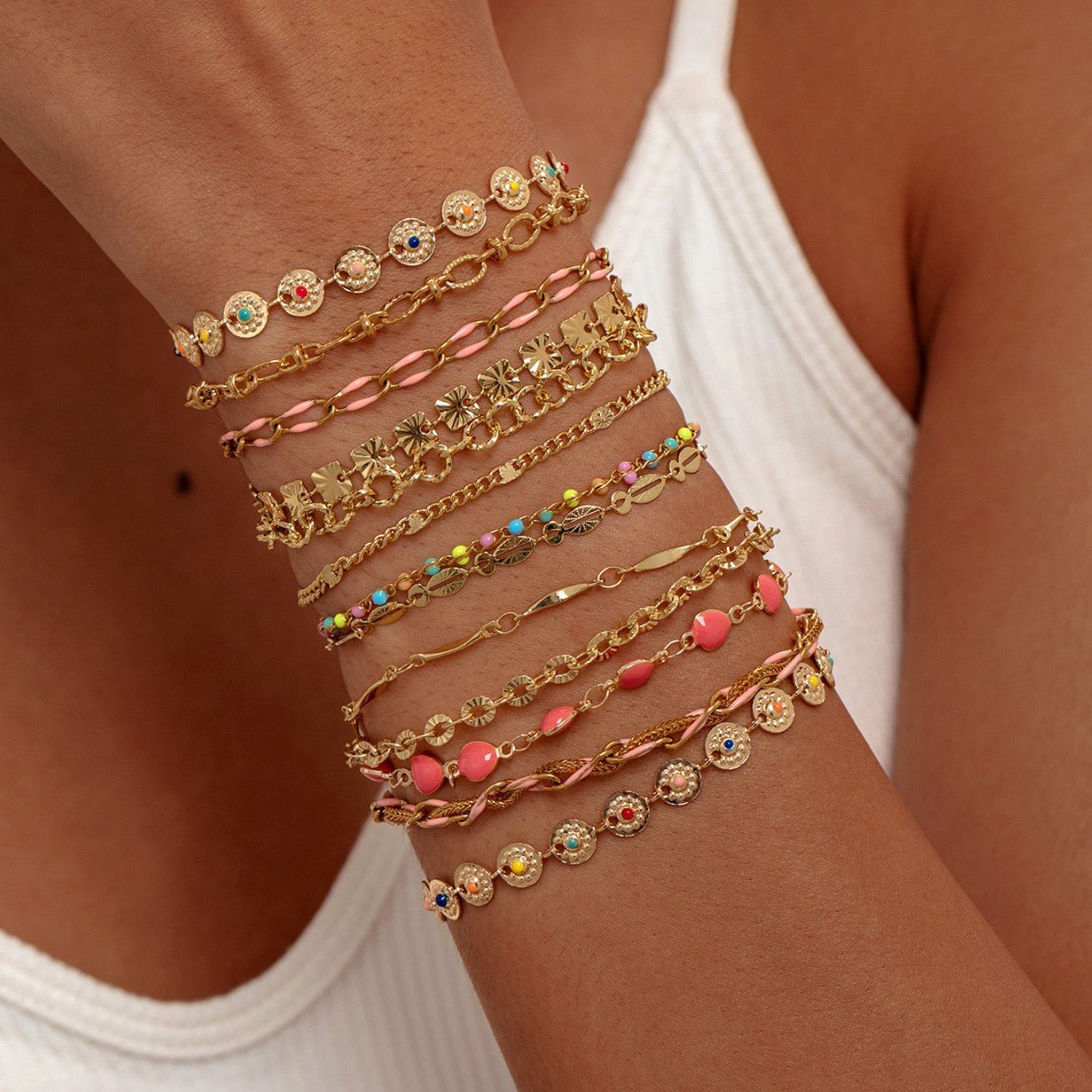 Gold Multicolour Enamel Coin Disc Chunky Link Double Layer Bracelet - Bracelets - 18k Gold Plated Waterproof Jewellery - Collection 9