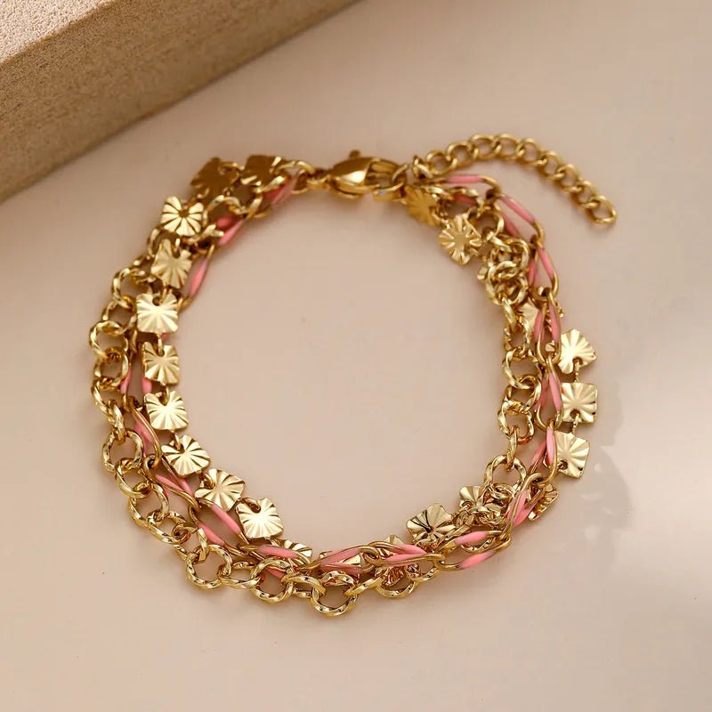 Gold Multicolour Enamel Coin Disc Chunky Link Double Layer Bracelet - Bracelets - 18k Gold Plated Waterproof Jewellery - Collection 9