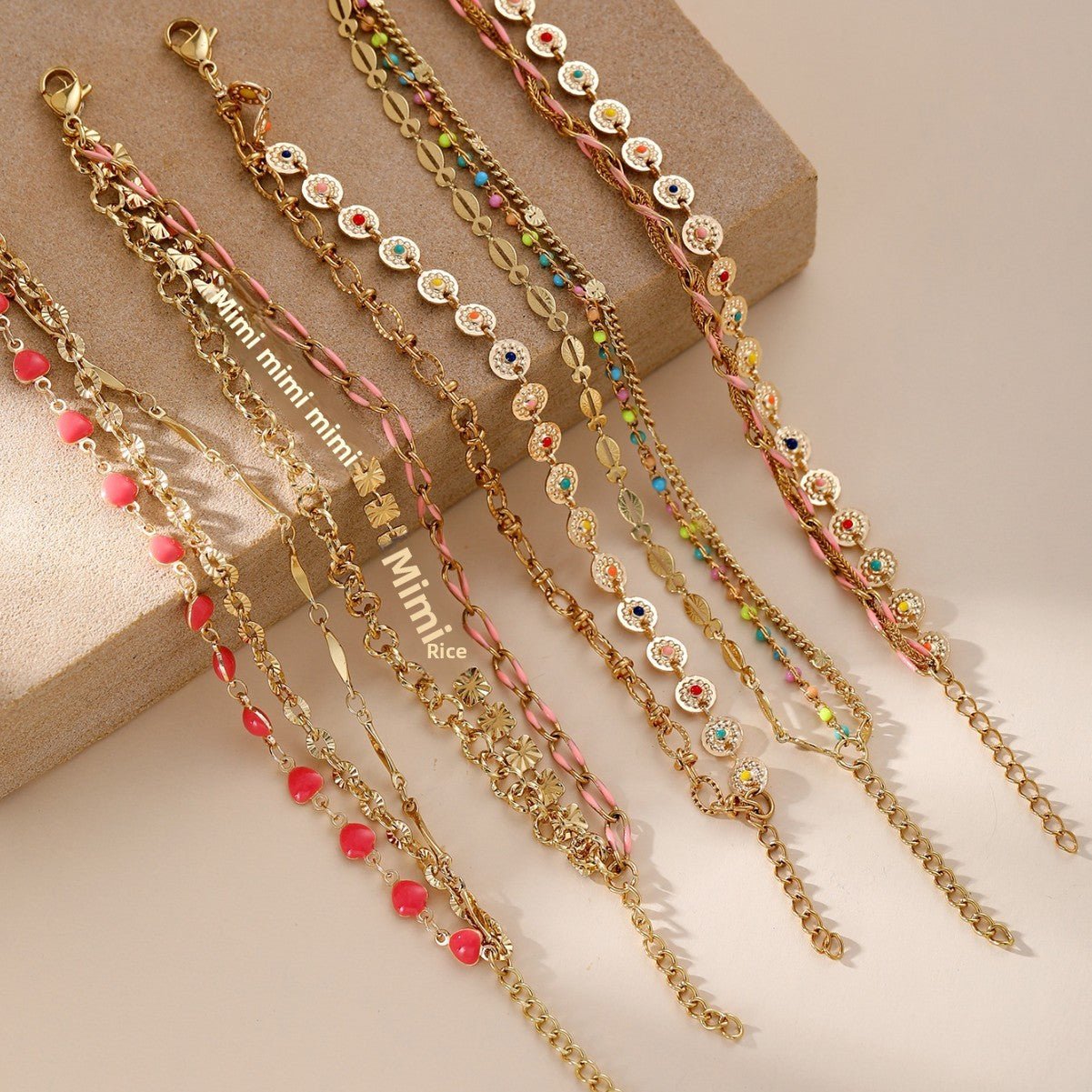 Gold Multicolour Enamel Coin Disc Chunky Link Double Layer Bracelet - Bracelets - 18k Gold Plated Waterproof Jewellery - Collection 9