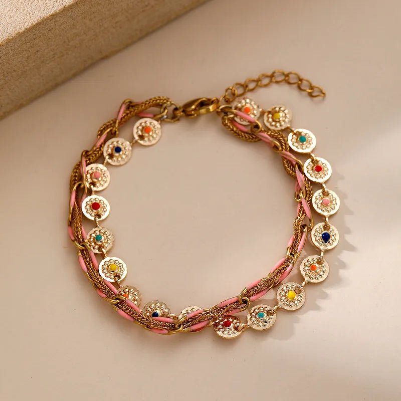 Gold Multicolour Enamel Coin Disc Chunky Link Double Layer Bracelet - Bracelets - 18k Gold Plated Waterproof Jewellery - Collection 9