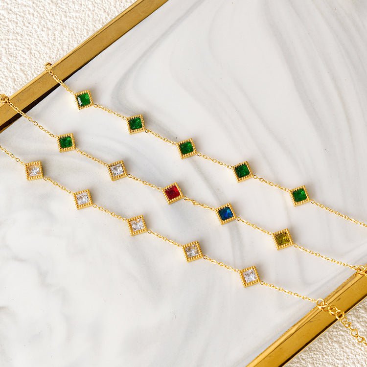 Gold Multicolour Square Zircon Diamond Charm Bracelet - Bracelets - 18k Gold Plated Waterproof Jewellery - Collection 9