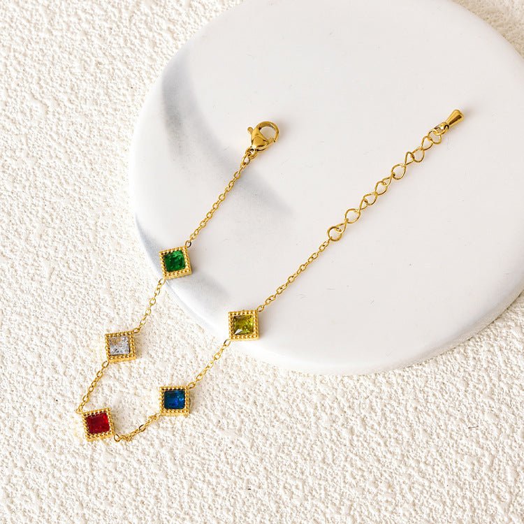 Gold Multicolour Square Zircon Diamond Charm Bracelet - Bracelets - 18k Gold Plated Waterproof Jewellery - Collection 9