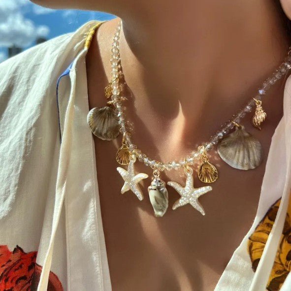 Gold Ocean Charm White Crystal Bead Necklace - Necklaces - 18k Gold Plated Waterproof Jewellery - Collection 9