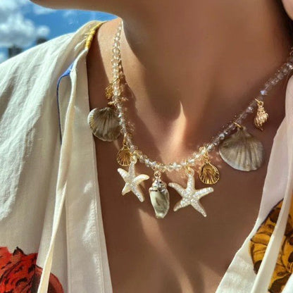 Gold Ocean Charm White Crystal Bead Necklace - Necklaces - 18k Gold Plated Waterproof Jewellery - Collection 9