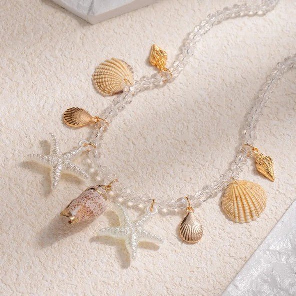 Gold Ocean Charm White Crystal Bead Necklace - Necklaces - 18k Gold Plated Waterproof Jewellery - Collection 9