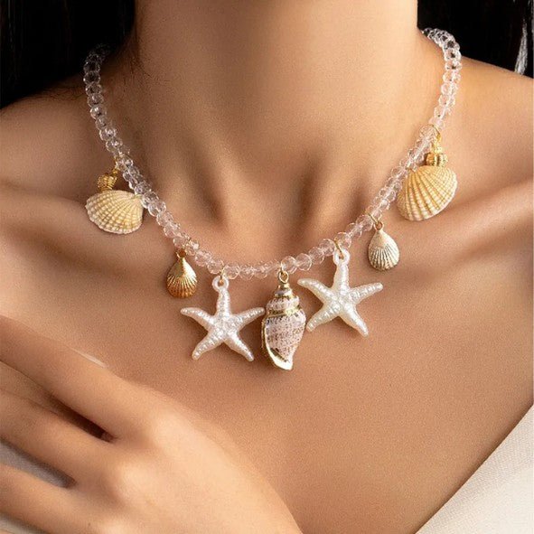 Gold Ocean Charm White Crystal Bead Necklace - Necklaces - 18k Gold Plated Waterproof Jewellery - Collection 9