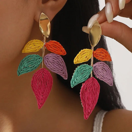 Gold Oval Stud & Raffia Woven Leaf Spray Drop Earrings - Drop Earrings - 18k Gold Plated Waterproof Jewellery - Collection 9