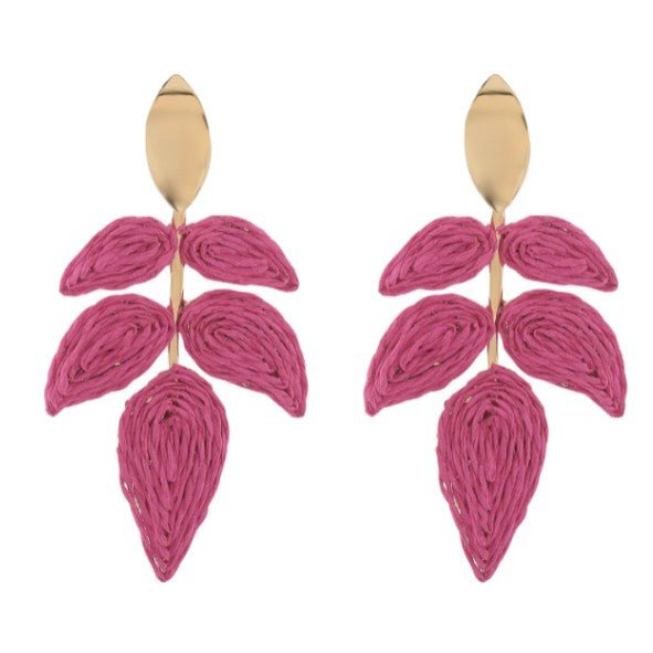 Gold Oval Stud & Raffia Woven Leaf Spray Drop Earrings - Drop Earrings - 18k Gold Plated Waterproof Jewellery - Collection 9