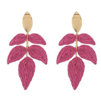 Gold Oval Stud & Raffia Woven Leaf Spray Drop Earrings - Drop Earrings - 18k Gold Plated Waterproof Jewellery - Collection 9