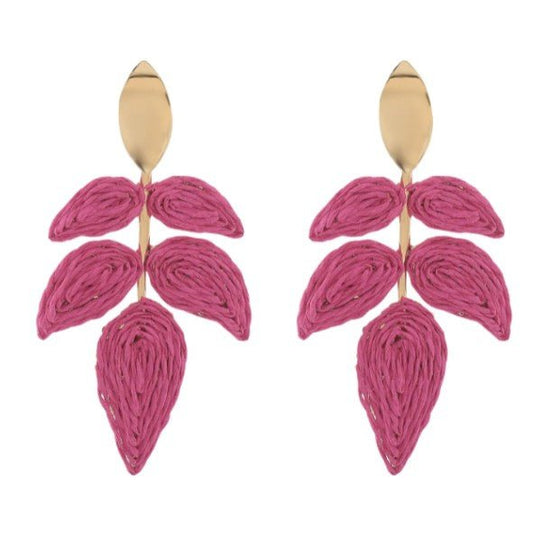 Gold Oval Stud & Raffia Woven Leaf Spray Drop Earrings - Collection 9 Ltd