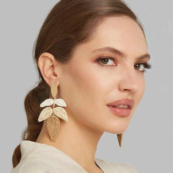Gold Oval Stud & Raffia Woven Leaf Spray Drop Earrings - Drop Earrings - 18k Gold Plated Waterproof Jewellery - Collection 9