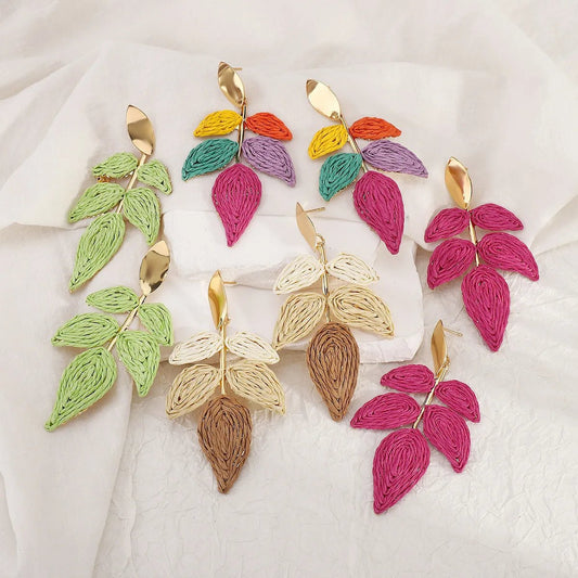 Gold Oval Stud & Raffia Woven Leaf Spray Drop Earrings - Drop Earrings - 18k Gold Plated Waterproof Jewellery - Collection 9