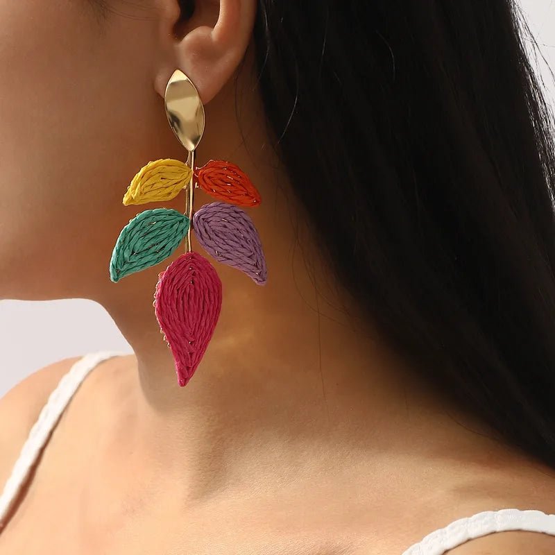 Gold Oval Stud & Raffia Woven Leaf Spray Drop Earrings - Drop Earrings - 18k Gold Plated Waterproof Jewellery - Collection 9