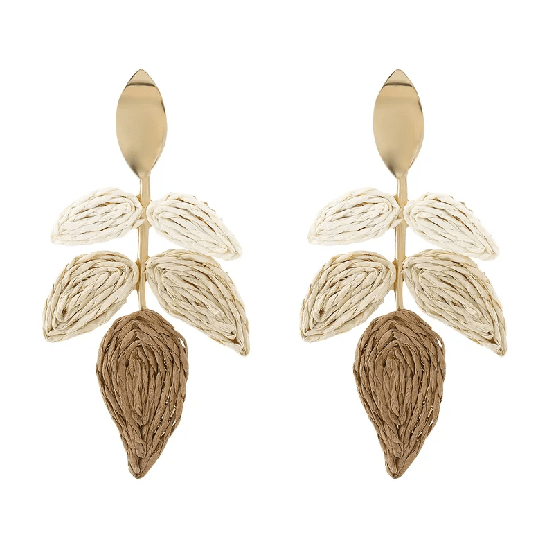 Gold Oval Stud & Raffia Woven Leaf Spray Drop Earrings - Drop Earrings - 18k Gold Plated Waterproof Jewellery - Collection 9
