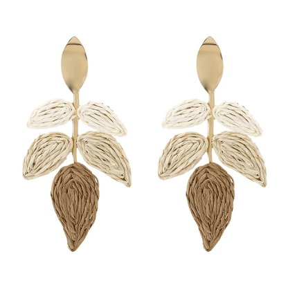 Gold Oval Stud & Raffia Woven Leaf Spray Drop Earrings - Drop Earrings - 18k Gold Plated Waterproof Jewellery - Collection 9