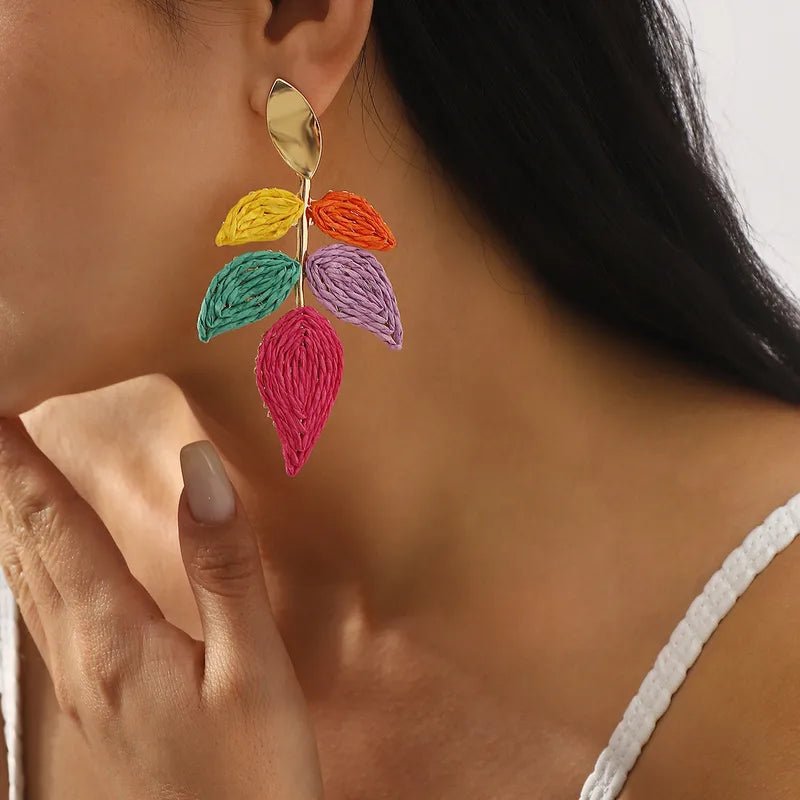 Gold Oval Stud & Raffia Woven Leaf Spray Drop Earrings - Drop Earrings - 18k Gold Plated Waterproof Jewellery - Collection 9