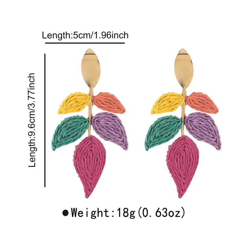 Gold Oval Stud & Raffia Woven Leaf Spray Drop Earrings - Drop Earrings - 18k Gold Plated Waterproof Jewellery - Collection 9