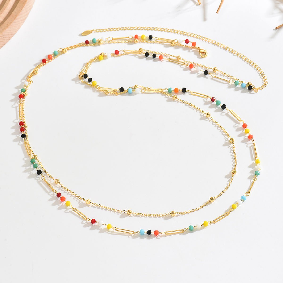 Gold Paperclip & Multicolour Crystal Bead Double Strand Waist Chain - Waist Chains - 18k Gold Plated Waterproof Jewellery - Collection 9