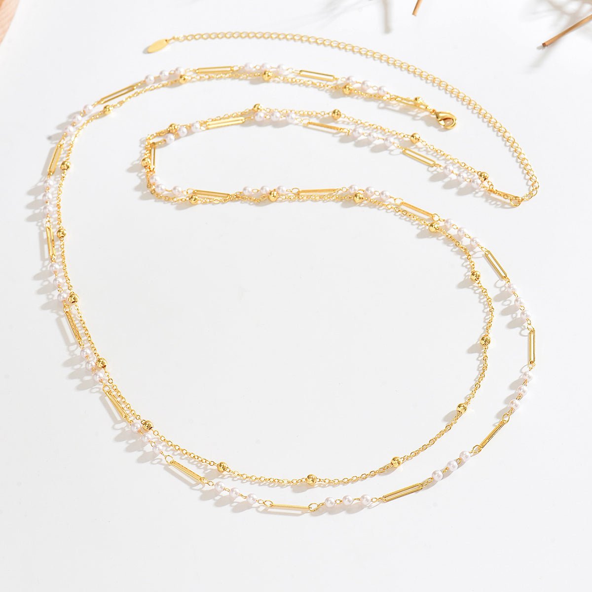 Gold Paperclip & Pearl Bead Double Strand Waist Chain - Waist Chains - 18k Gold Plated Waterproof Jewellery - Collection 9