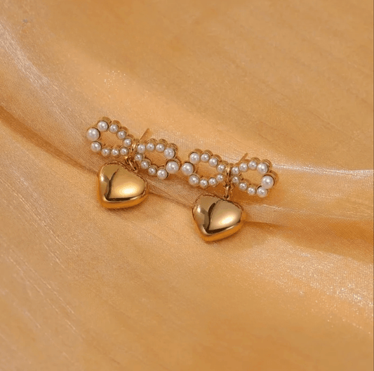Gold Pearl Bow with Heart Drop Earrings - - 18k Gold Plated Waterproof Jewellery - Collection 9