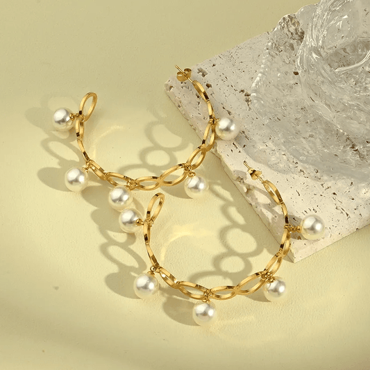Gold Pearl Chain Hoop Earrings - Jewelry - 18k Gold Plated Waterproof Jewellery - Collection 9