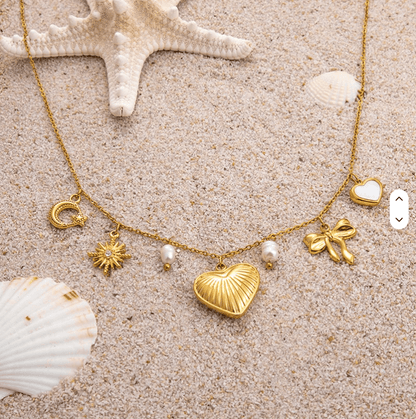 Gold Pearl Charm Heart Bow Necklace - Jewelry - 18k Gold Plated Waterproof Jewellery - Collection 9