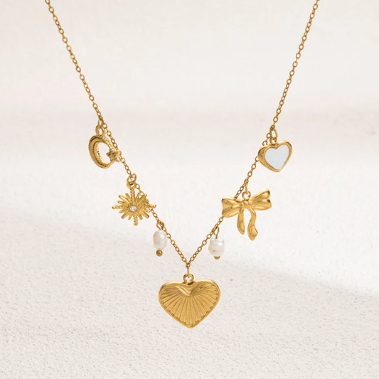 Gold Pearl Charm Heart Bow Necklace - Jewelry - 18k Gold Plated Waterproof Jewellery - Collection 9