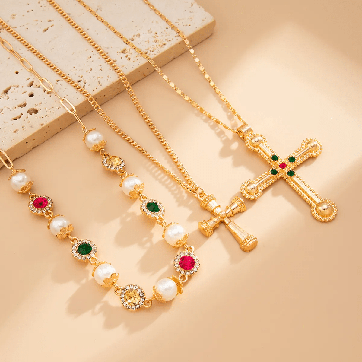 Gold Pearl Cross Layered Necklace Set - Necklace - 18k Gold Plated Waterproof Jewellery - Collection 9