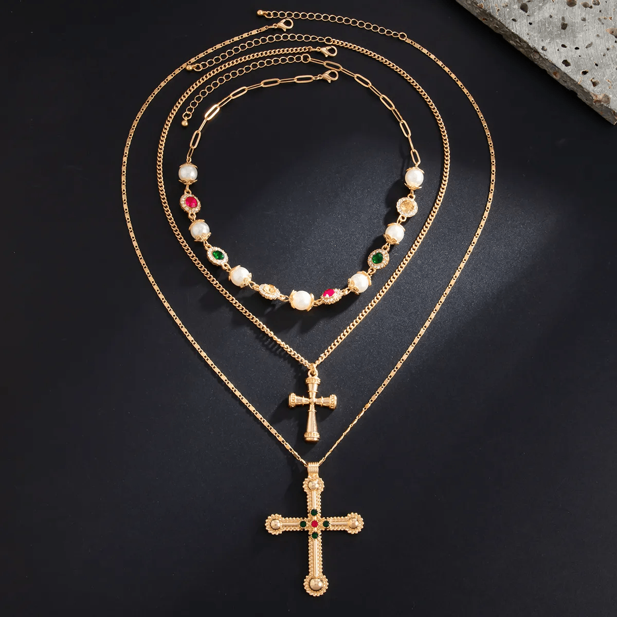 Gold Pearl Cross Layered Necklace Set - Necklace - 18k Gold Plated Waterproof Jewellery - Collection 9